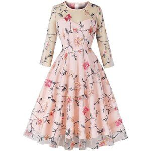 Women Casual Floral Embroidered Tulle Dress 3/4 Sleeves Wedding Prom